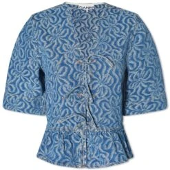 GANNI Denim Flounce Tie Blouse