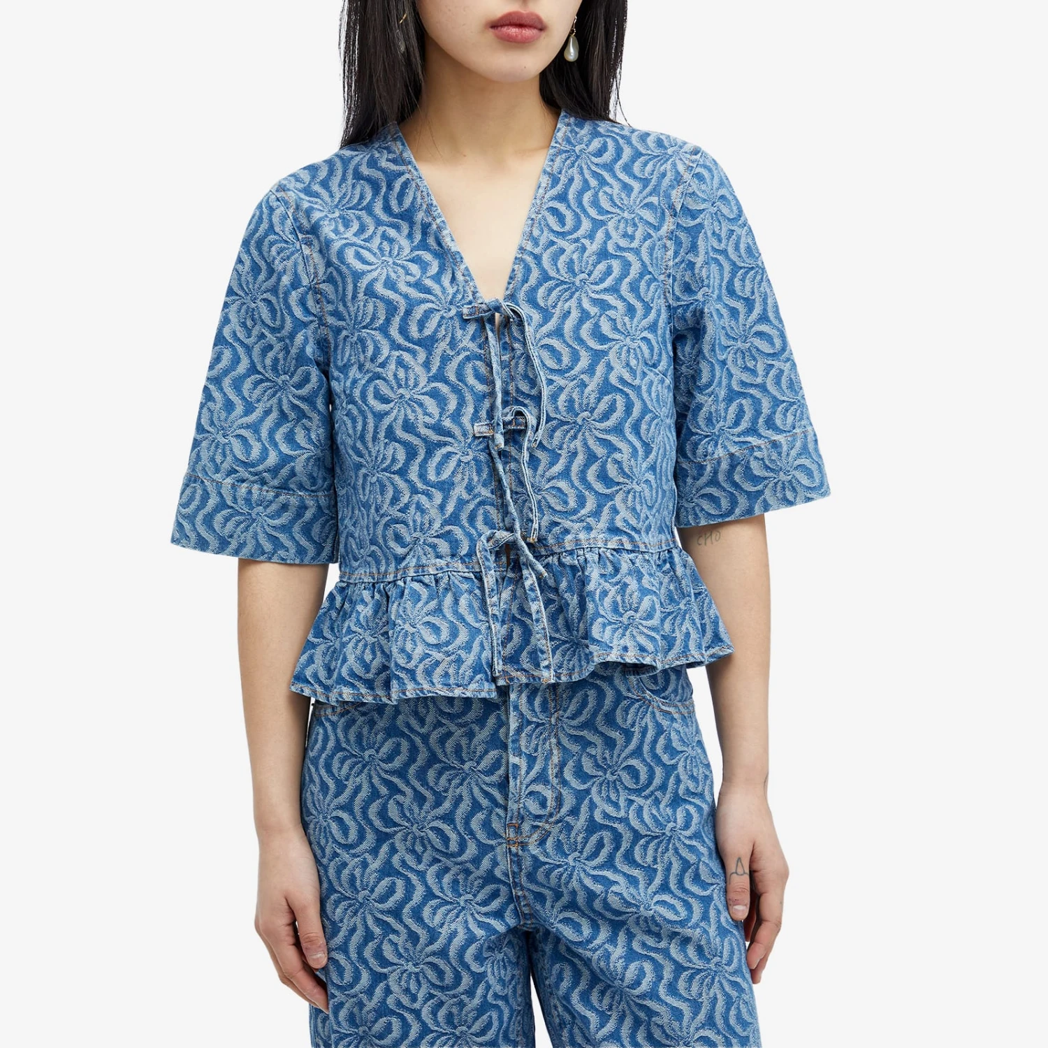 GANNI Denim Flounce Tie Blouse 4 GANNI Denim Flounce Tie Blouse - Image 2