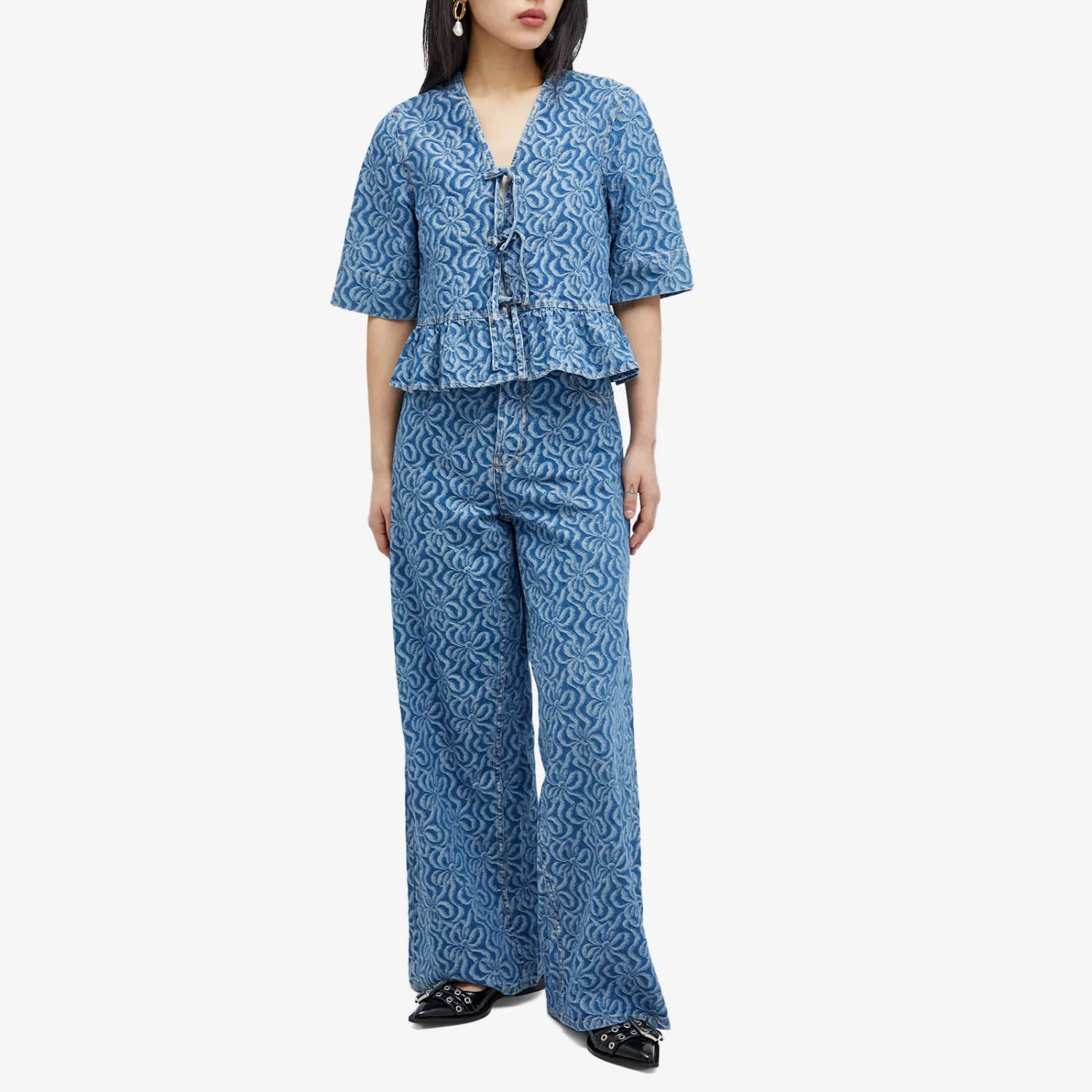 GANNI Denim Flounce Tie Blouse 6 GANNI Denim Flounce Tie Blouse - Image 4