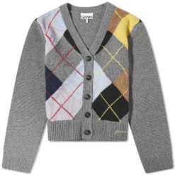 GANNI Harlequin Wool Mix Knit Cardigan