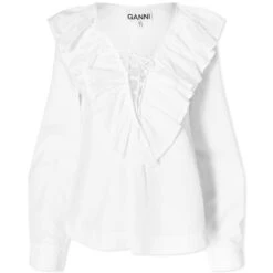 GANNI Cotton Poplin Ruffle V-neck Blouse