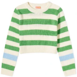 KITRI Gillian Green Striped Cropped Knit Top